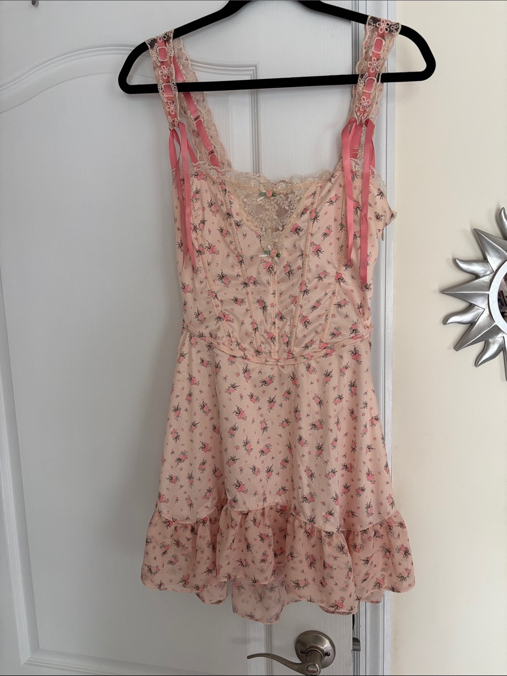 For Love & Lemons Pink Floral Lace-Trim Corset Open Back Mini Dress-M